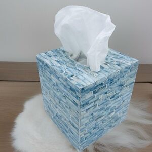 6” Handmade Cube Mother of Pearl Tissue Box Cover, Blue Napkin Dispenser
